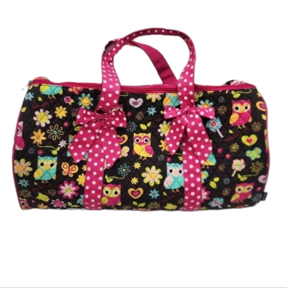 Sazy Bee Owl Print Large Travel Duffle Quilted Bag Soft Polka Dot Bow